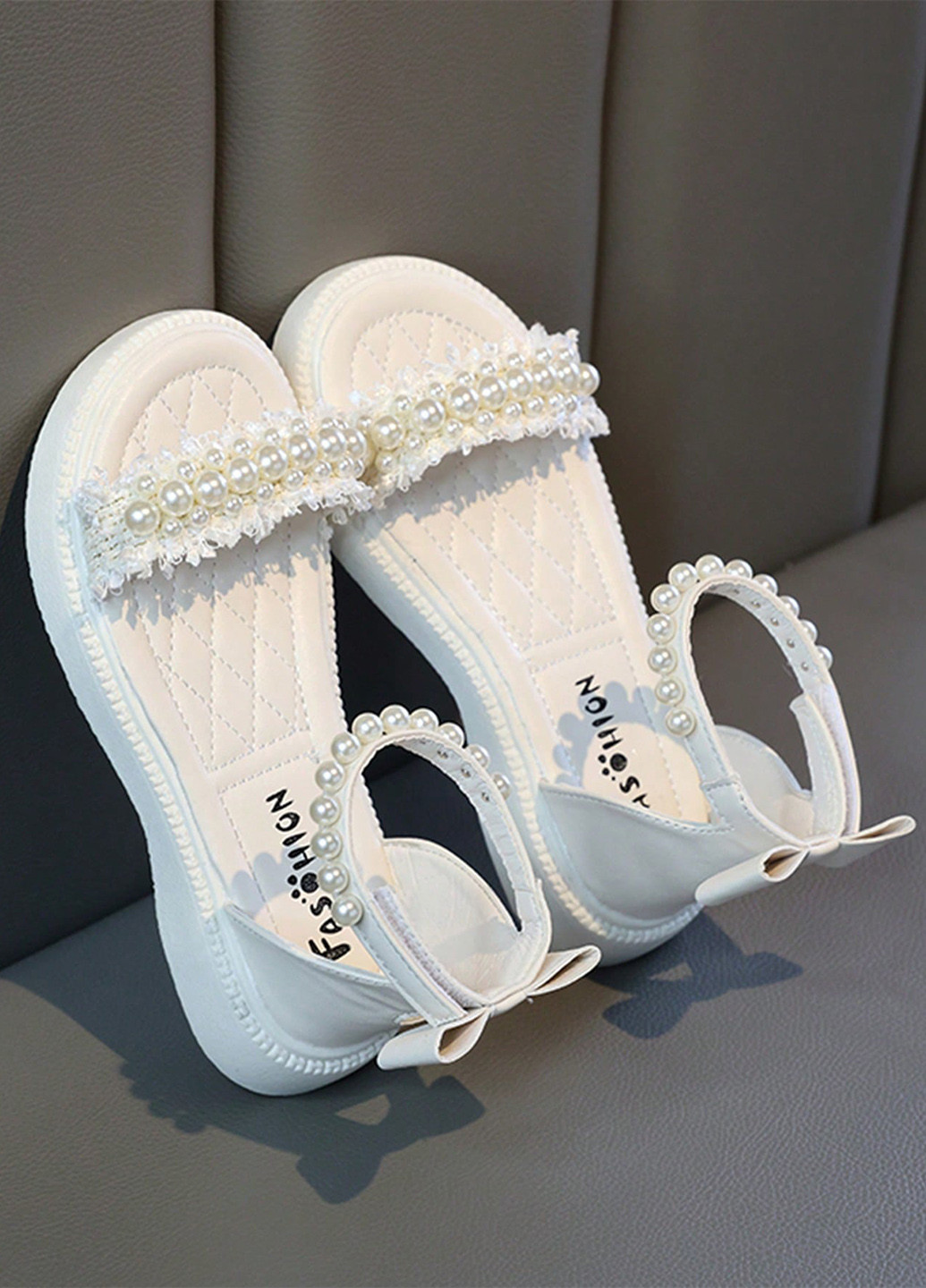 Айвори босоножки SHEIN с бусинами, с с кружевомм, с бантом, с белой подошвой