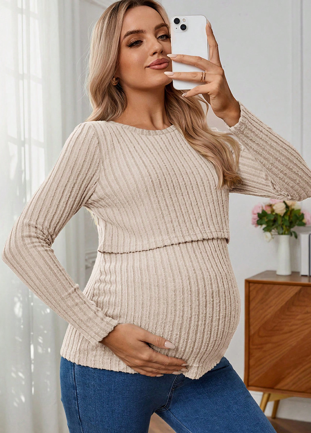 Світло-бежевий демісезонний светр для вагітних джемпер SHEIN