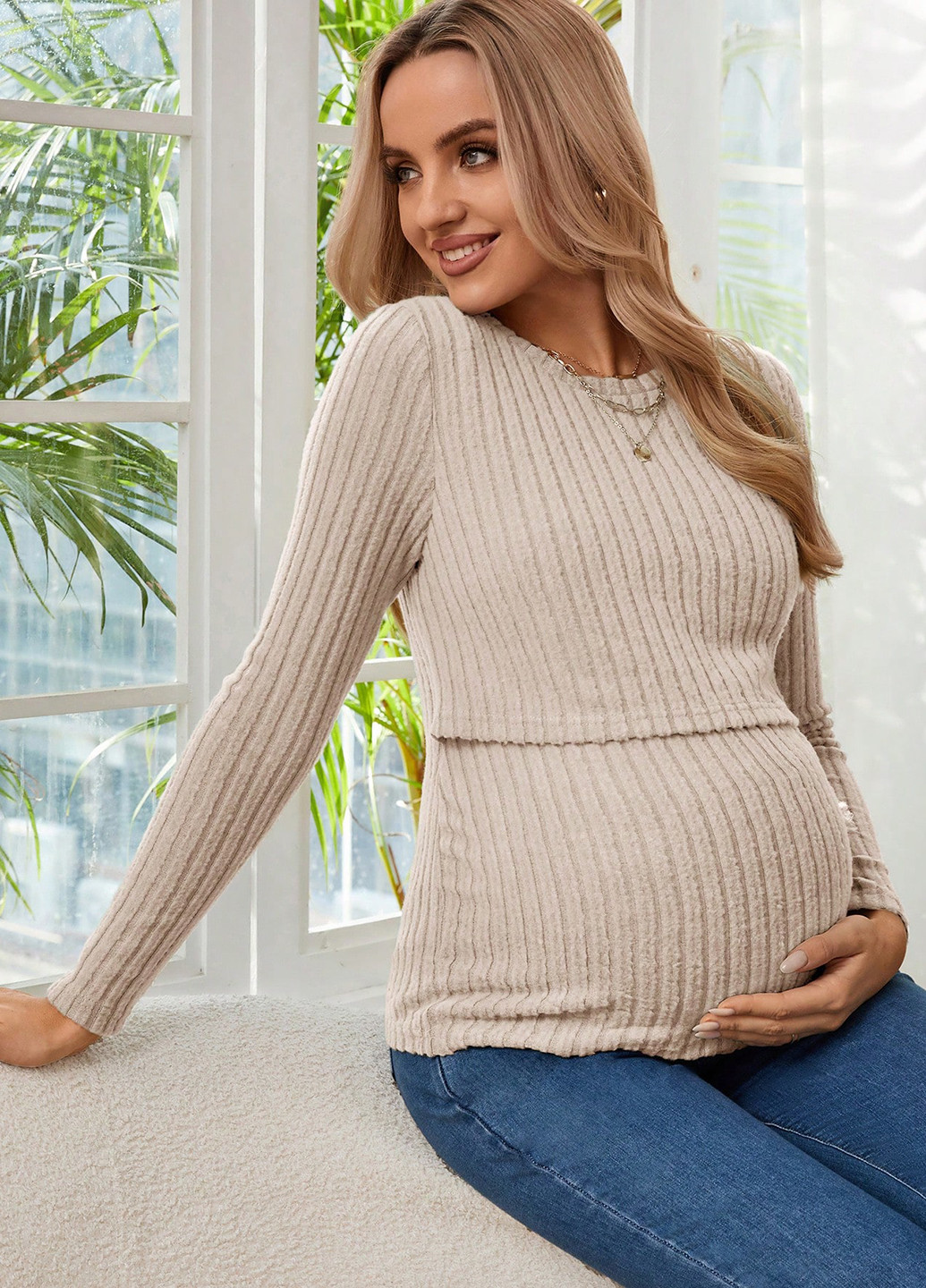 Світло-бежевий демісезонний светр для вагітних джемпер SHEIN