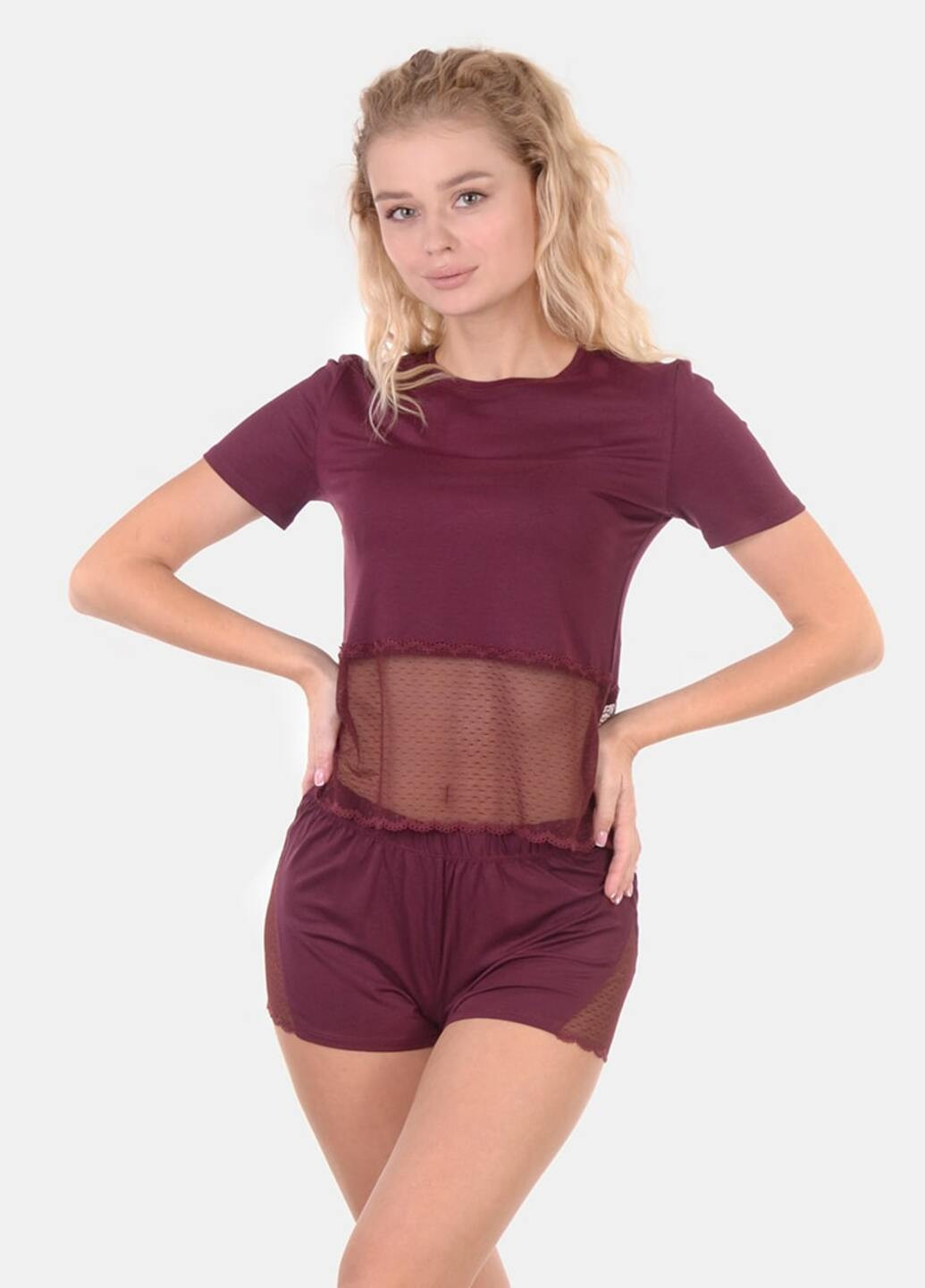Бордовий комплект жіночий футболка та шорти N.EL. 1107-92