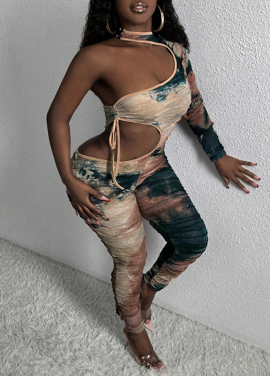 Комбинезон SHEIN комбинезон-брюки тай-дай комбинированный коктейльный, кэжуал полиэстер, трикотаж