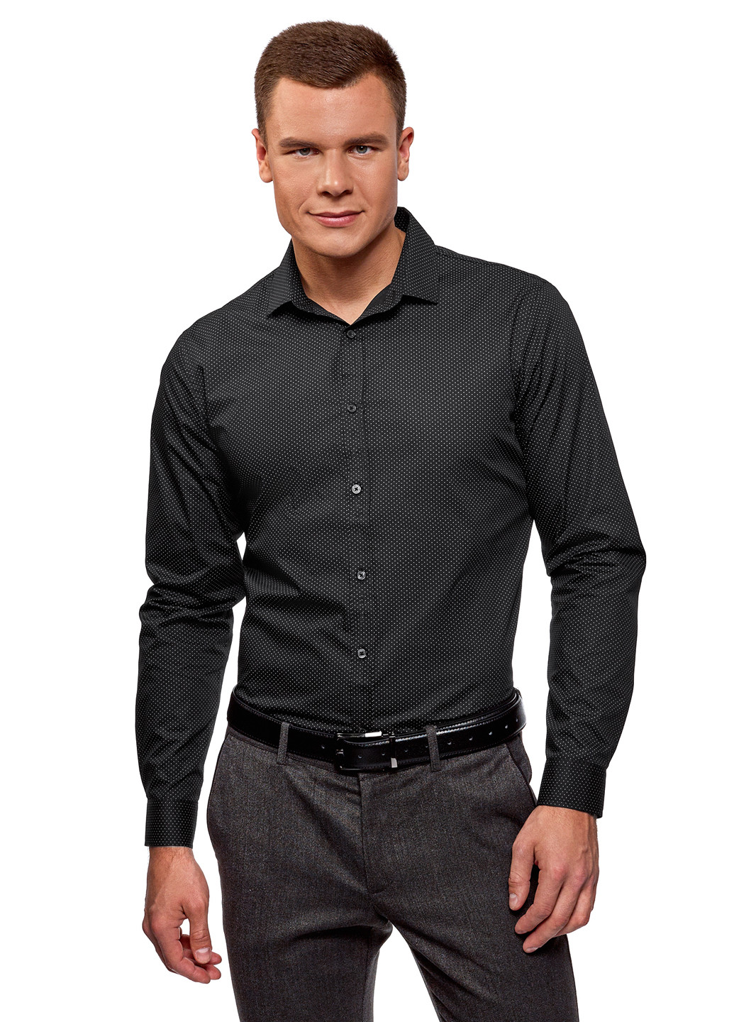 Черная классическая рубашка в горошек Oodji с длинным рукавом