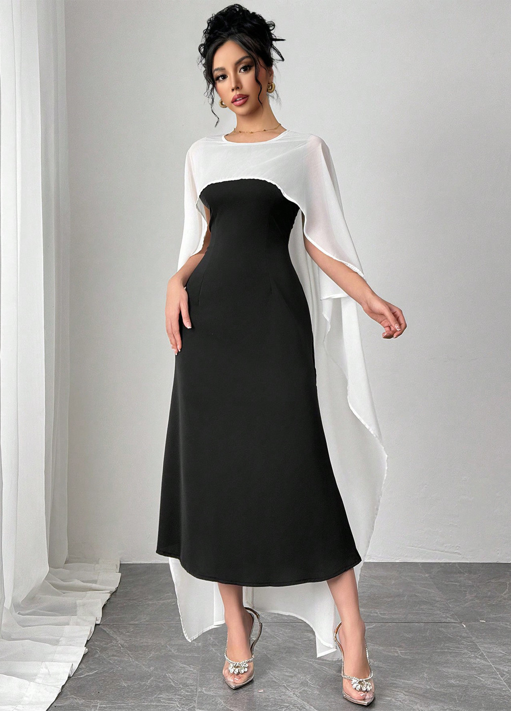 Чорно-білий вечірня, кежуал сукня сукня-кейп SHEIN колор блок