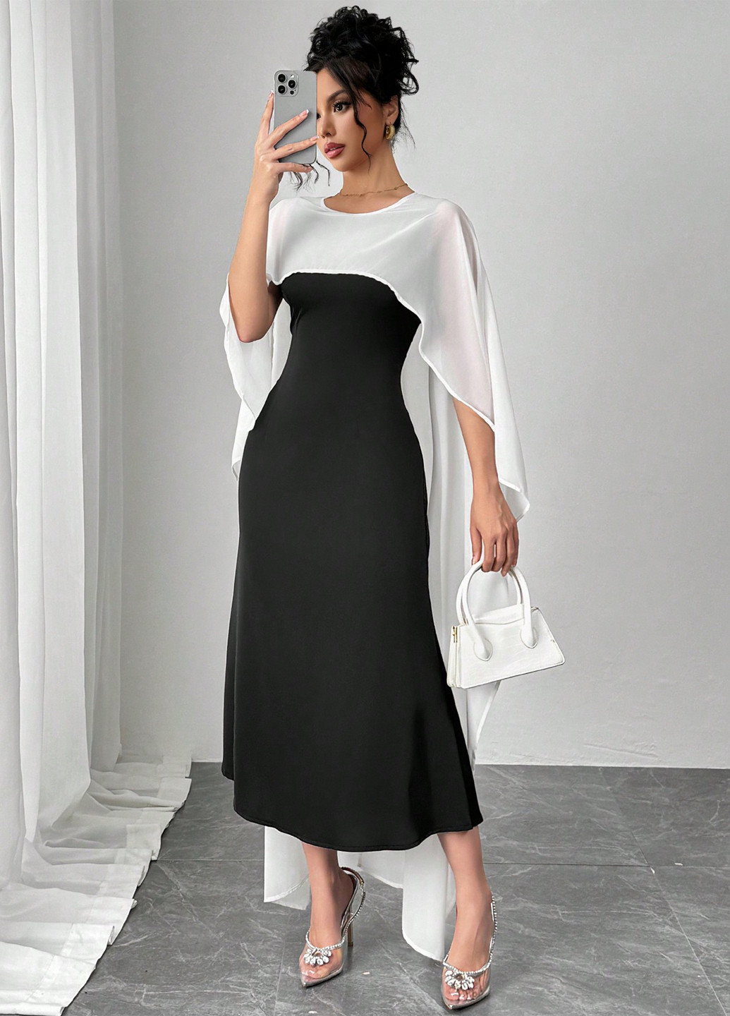 Чорно-білий вечірня, кежуал сукня сукня-кейп SHEIN колор блок