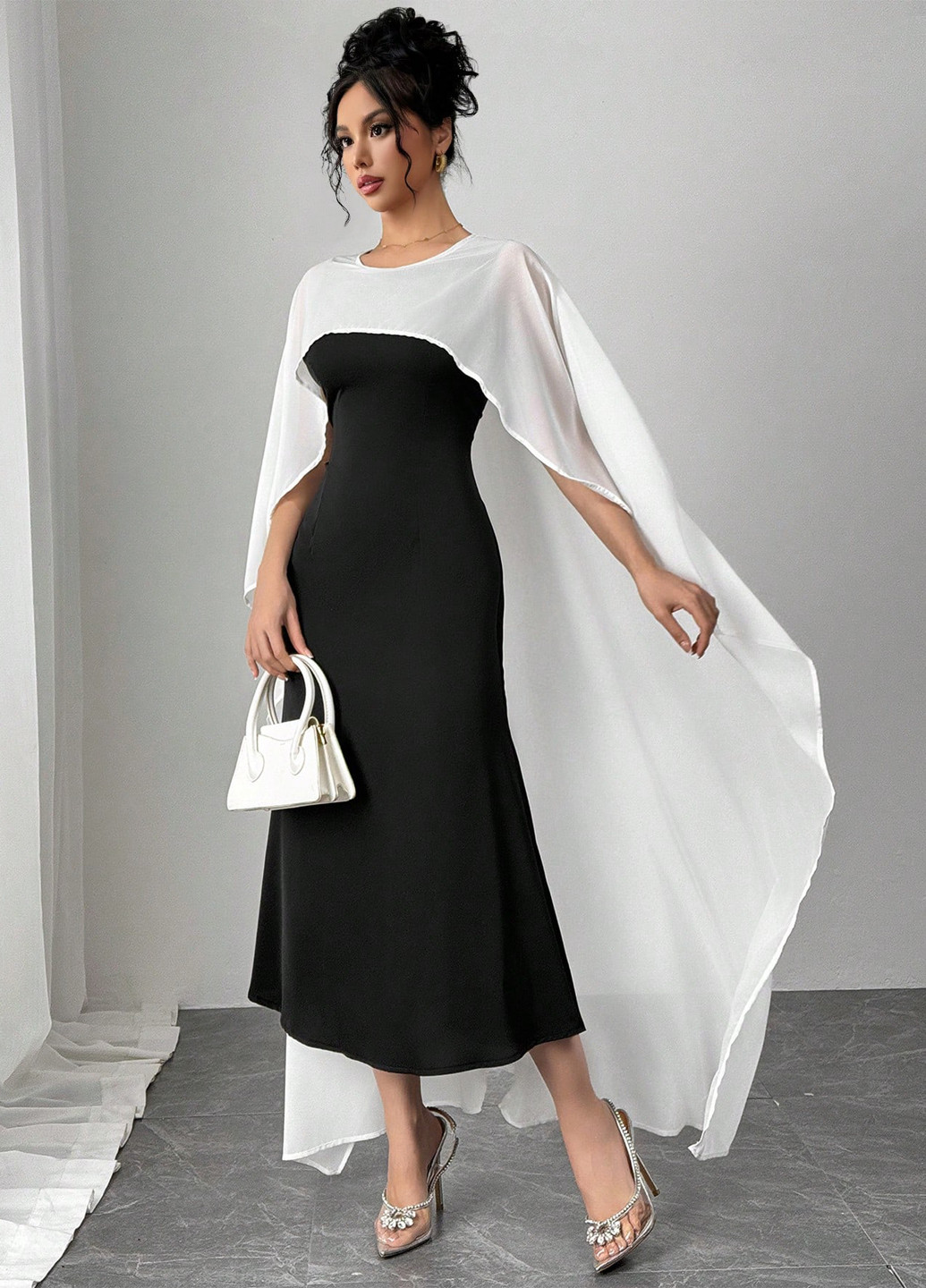 Чорно-білий вечірня, кежуал сукня сукня-кейп SHEIN колор блок