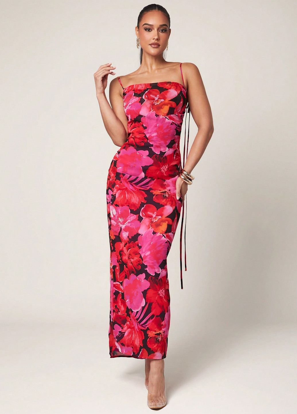 Красное праздничный, вечернее, кэжуал платье силуэтная, с открытой спиной SHEIN с цветочным принтом
