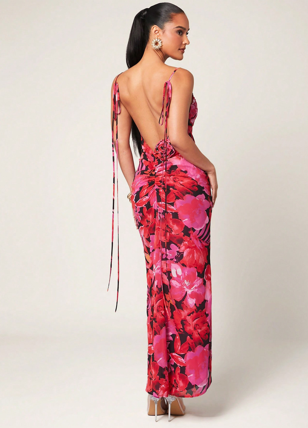 Красное праздничный, вечернее, кэжуал платье силуэтная, с открытой спиной SHEIN с цветочным принтом