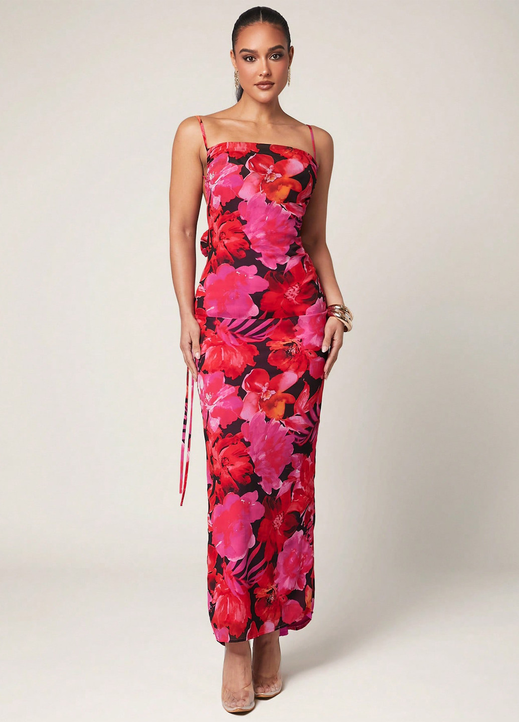 Красное праздничный, вечернее, кэжуал платье силуэтная, с открытой спиной SHEIN с цветочным принтом