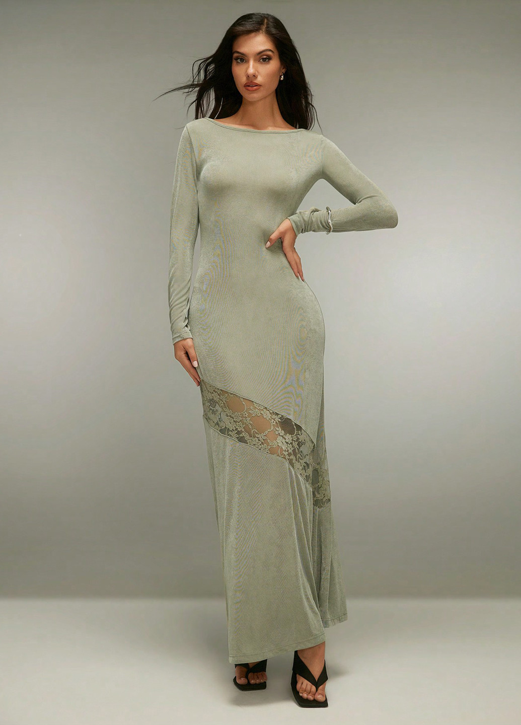 Сіро-зелена святковий, кежуал сукня з відкритою спиною SHEIN однотонна