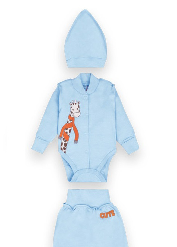 Блакитний демісезонний дитячий комплект для хлопчика (боді + повзунки + шапка) Габби