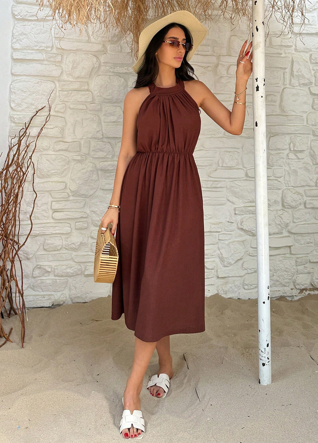 Коричнева кежуал сукня з відкритими плечима, з відкритою спиною SHEIN однотонна