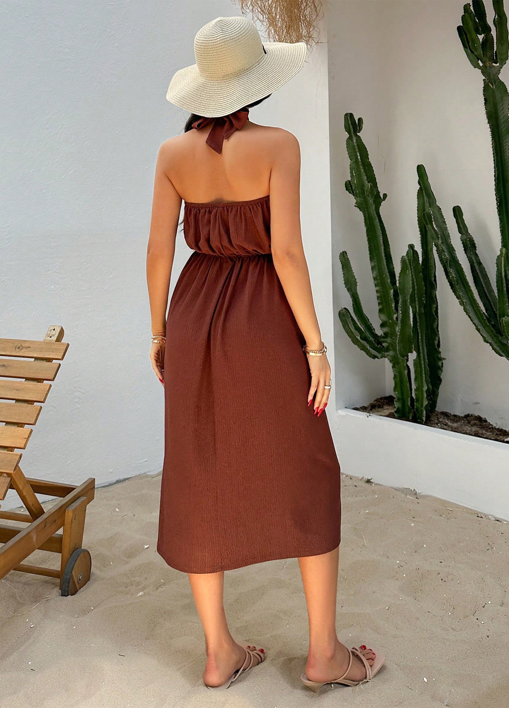Коричнева кежуал сукня з відкритими плечима, з відкритою спиною SHEIN однотонна