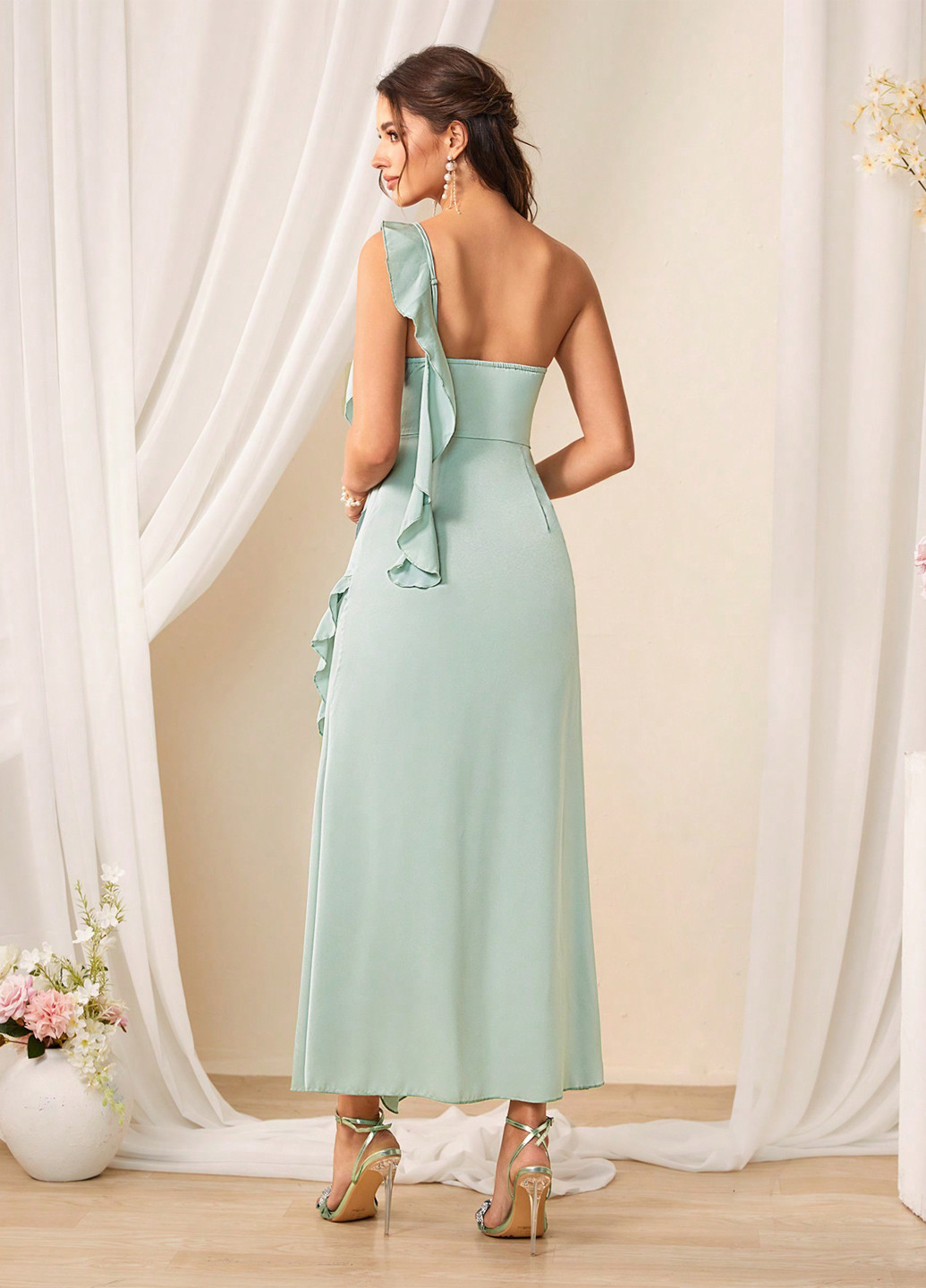 М'ятна кежуал, вечірня сукня з відкритими плечима SHEIN однотонна