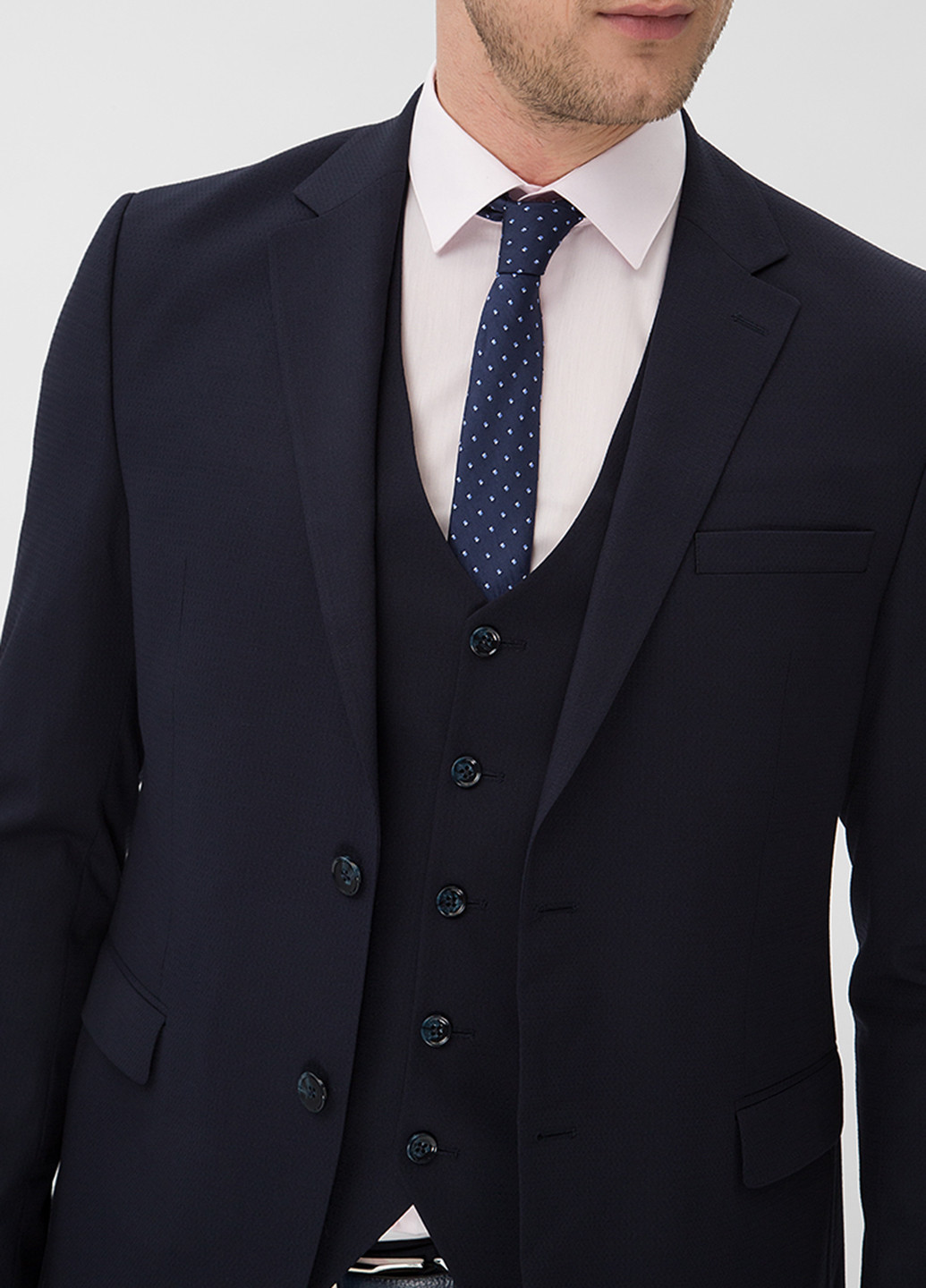 Темно-синий демисезонный костюм (пиджак, жилет, брюки) тройка NAVI