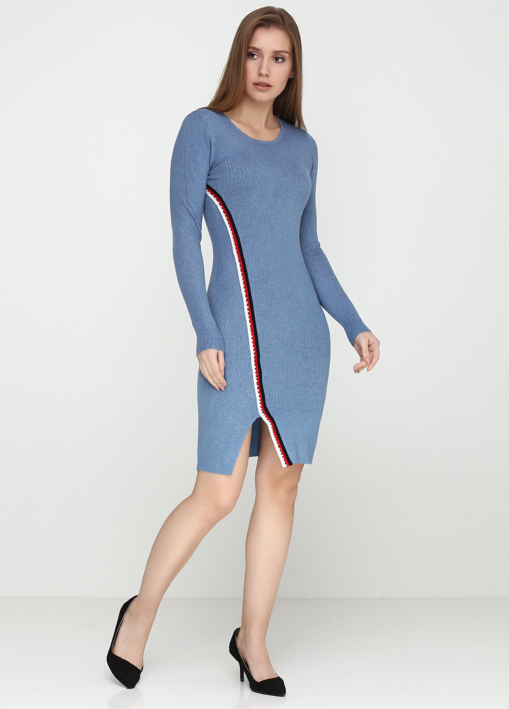 Серо-синее кэжуал платье с длинным рукавом Palma однотонное
