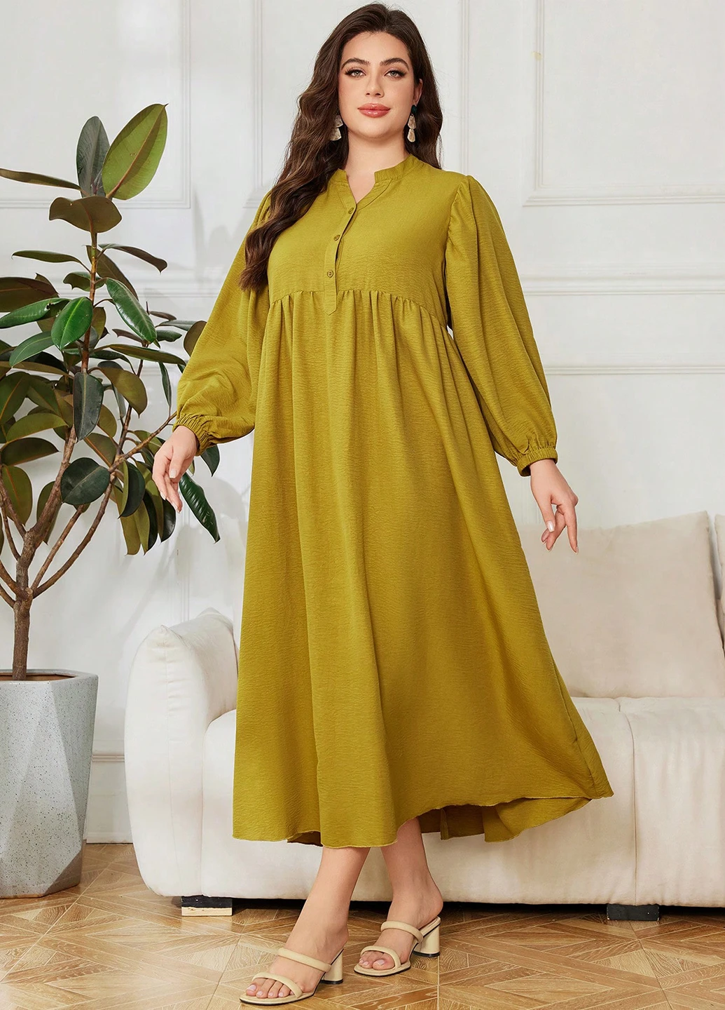 Горчичное кэжуал платье а-силуэт SHEIN однотонное