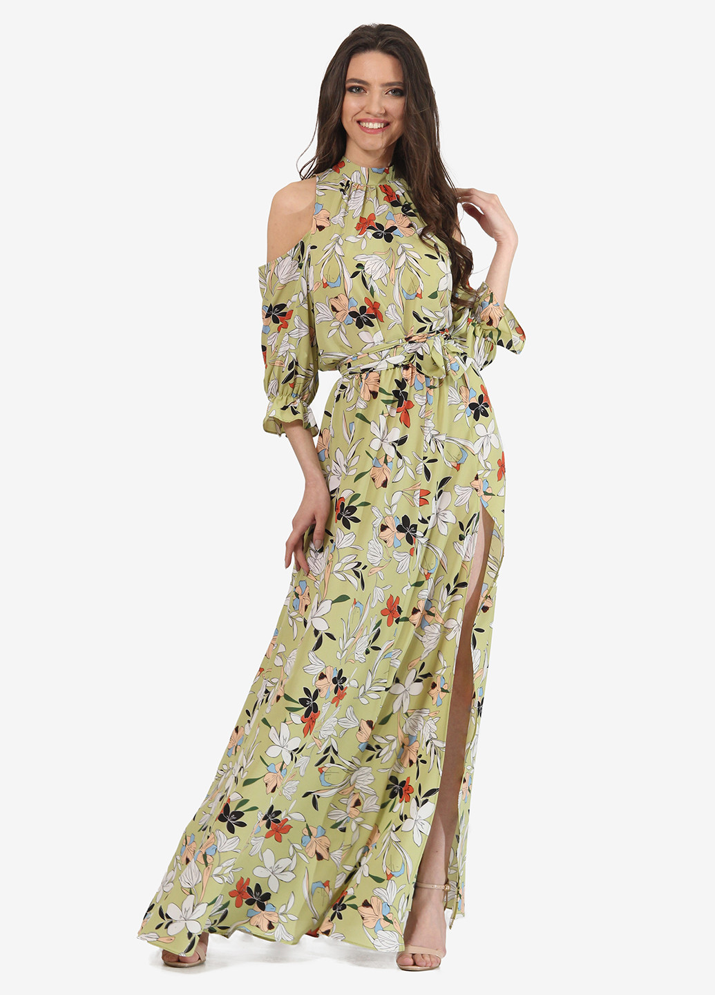 Фисташковое кэжуал платье с открытыми плечами Lila Kass с цветочным принтом