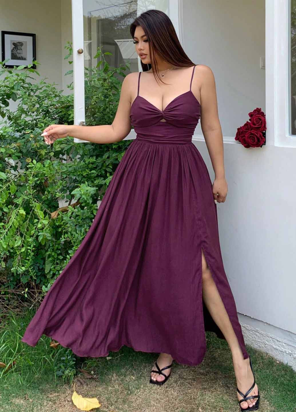 Темно-фиолетовое вечернее платье а-силуэт, с открытой спиной SHEIN однотонное