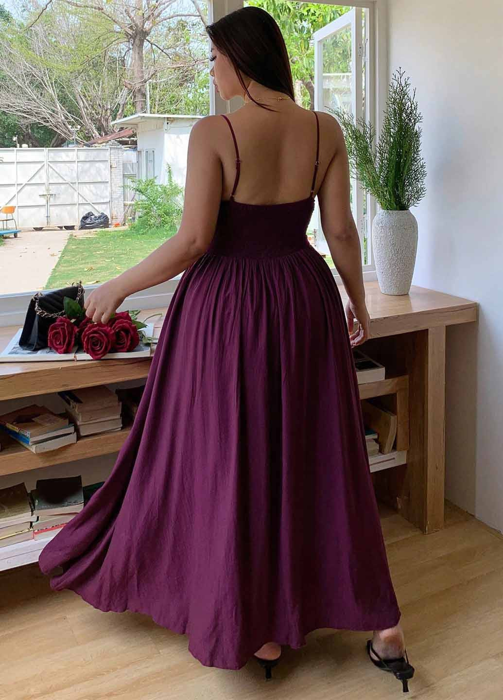 Темно-фиолетовое вечернее платье а-силуэт, с открытой спиной SHEIN однотонное