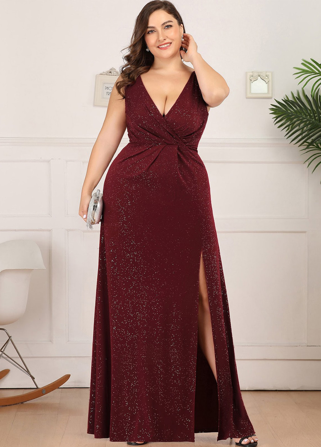 Бордовое праздничный, вечернее платье с открытой спиной SHEIN однотонное