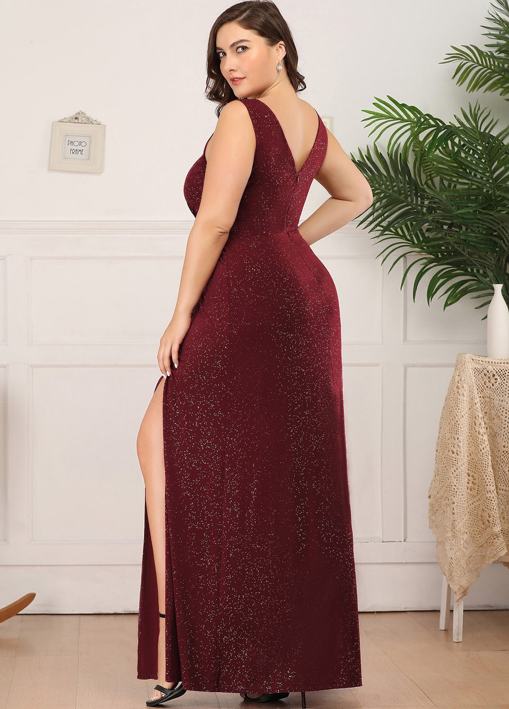 Бордовое праздничный, вечернее платье с открытой спиной SHEIN однотонное
