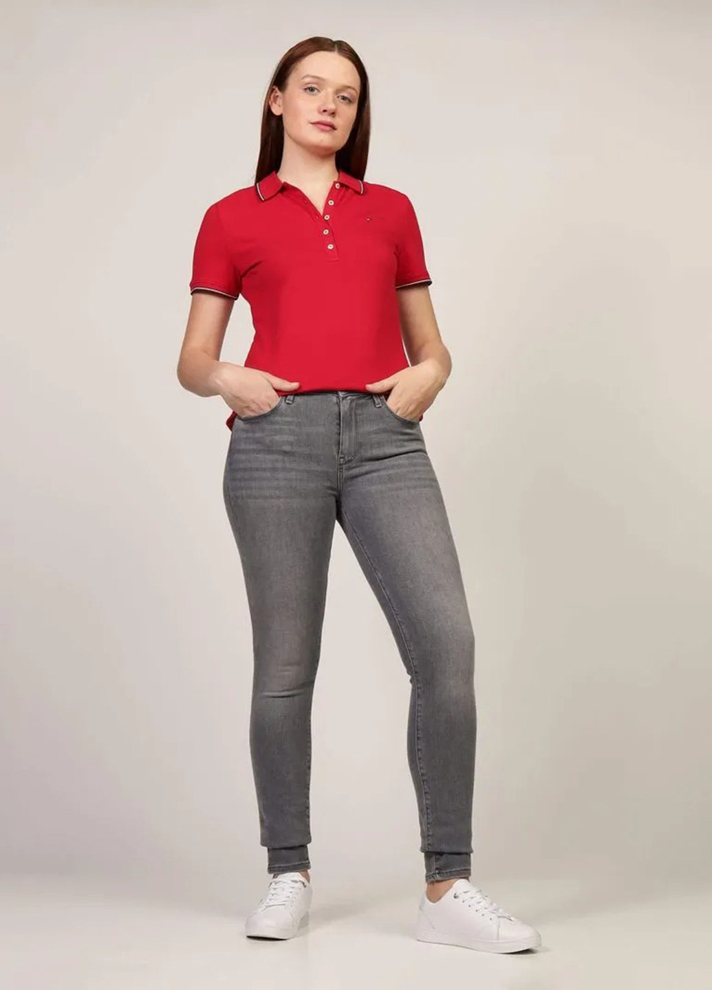 Красная женская футболка-поло Tommy Hilfiger однотонная