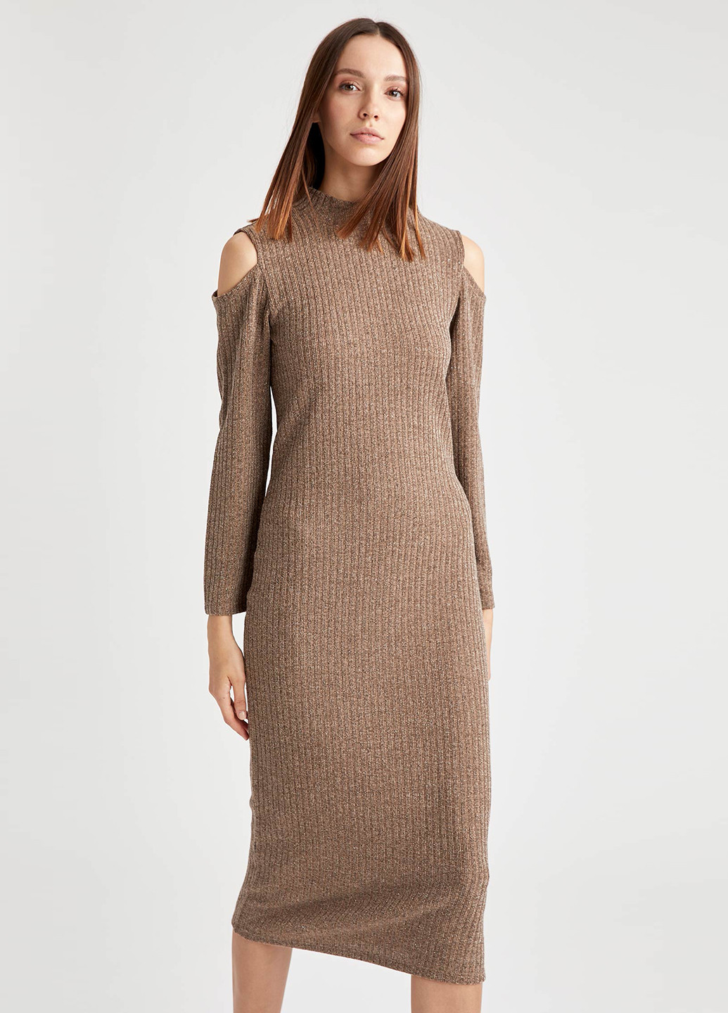 Світло-коричнева кежуал лонгслів сукня-водолазка, з відкритими плечима DeFacto