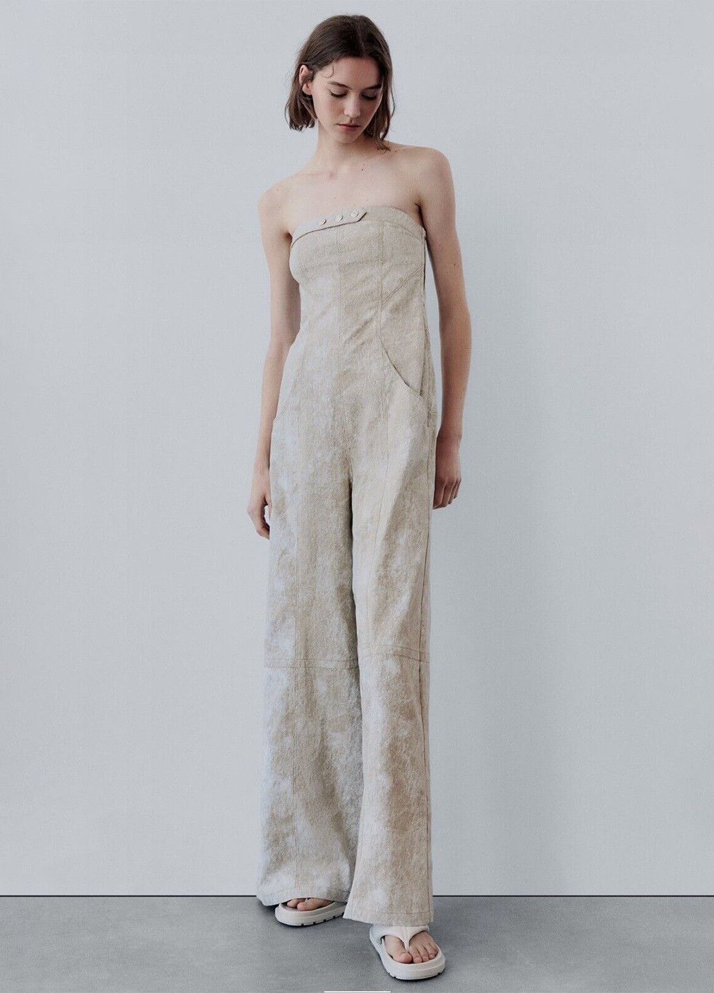 Комбинезон Zara комбинезон-брюки тай-дай бежевый кэжуал лен