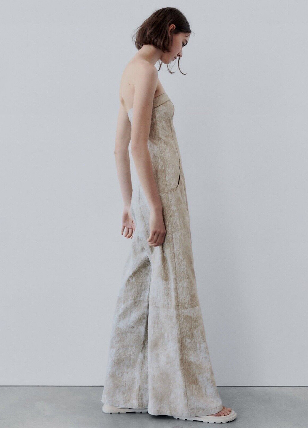 Комбинезон Zara комбинезон-брюки тай-дай бежевый кэжуал лен