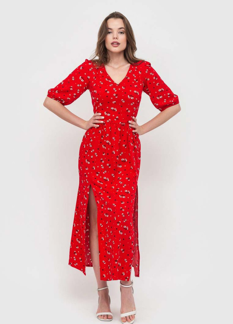 Червона кежуал сукня з розрізами BeART з квітковим принтом