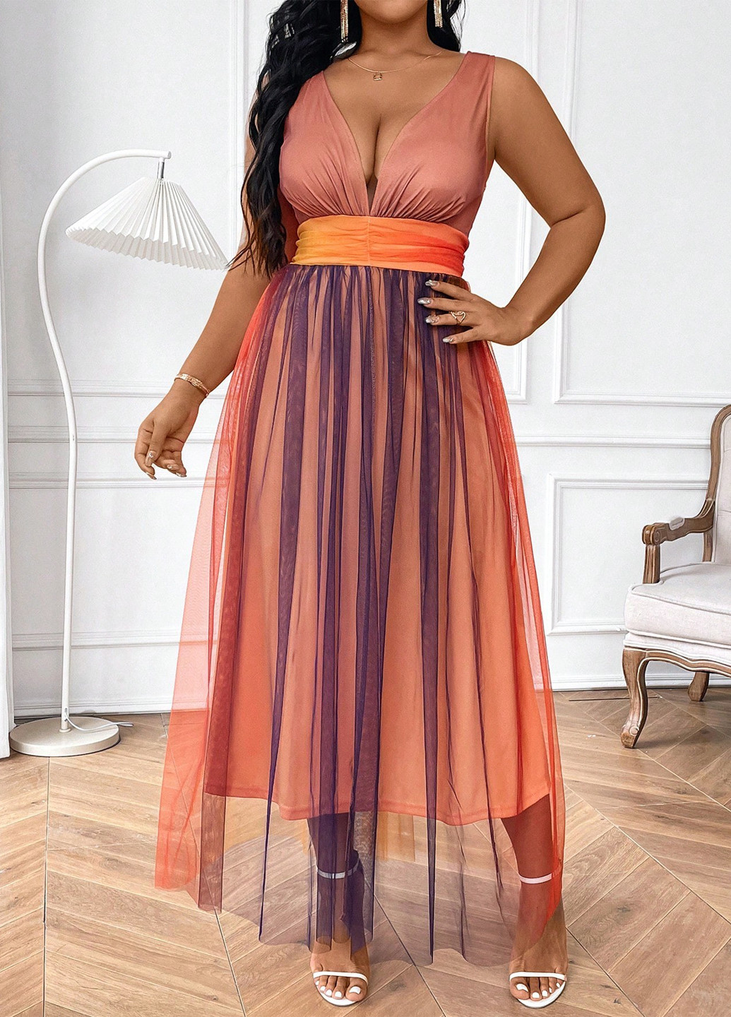 Комбинированное кэжуал, коктейльное платье клеш, с открытой спиной SHEIN колор блок