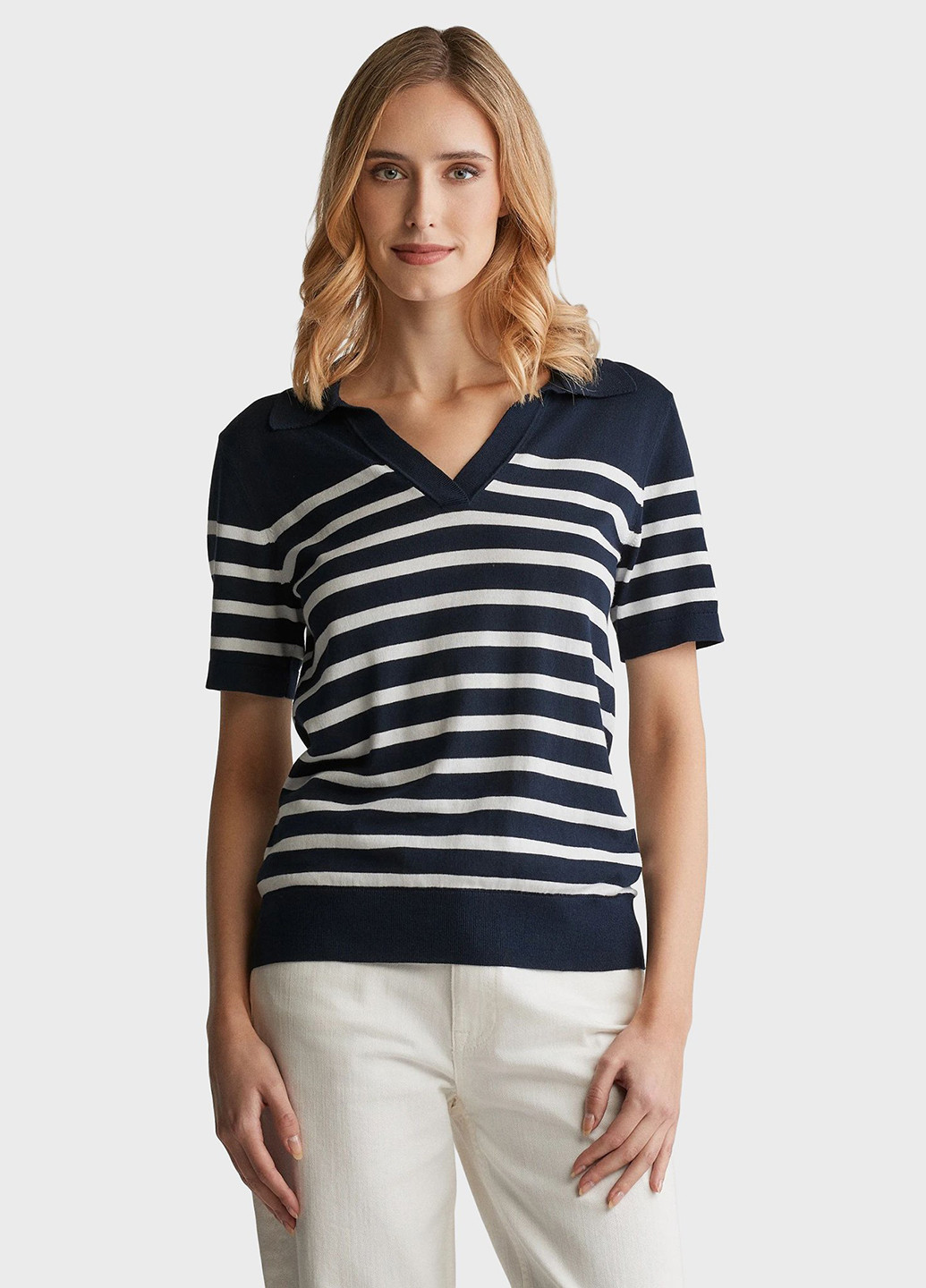 Темно-синяя женская футболка-поло Gant в полоску