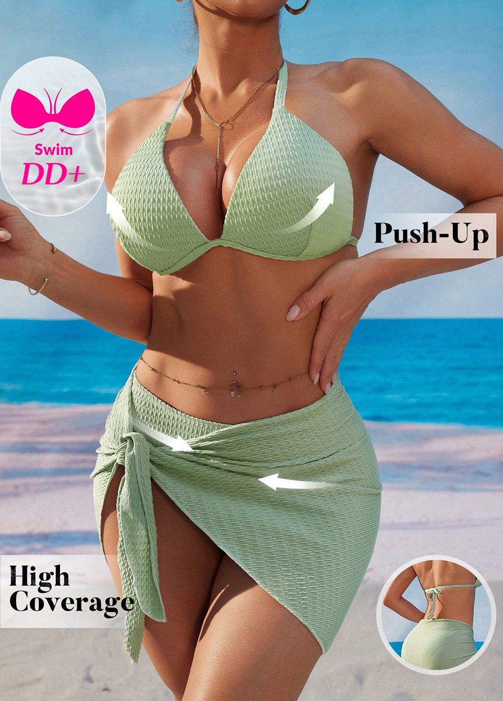 Салатовий літній купальник (ліф, трусики, спідниця) халтер, роздільний SHEIN