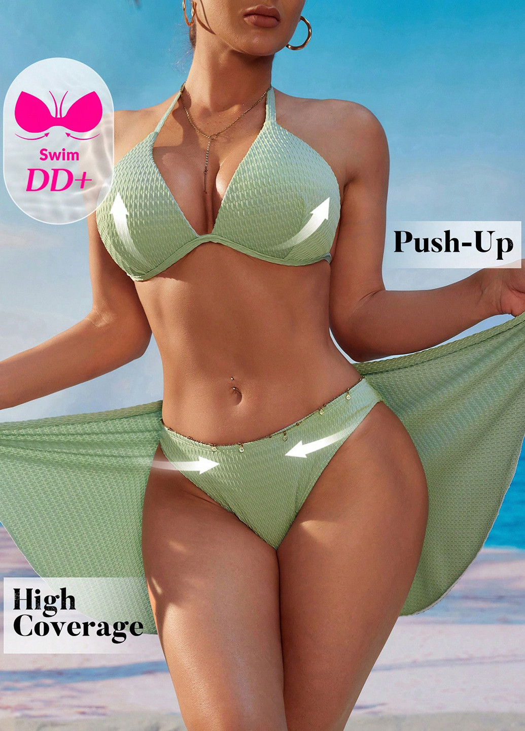 Салатовий літній купальник (ліф, трусики, спідниця) халтер, роздільний SHEIN