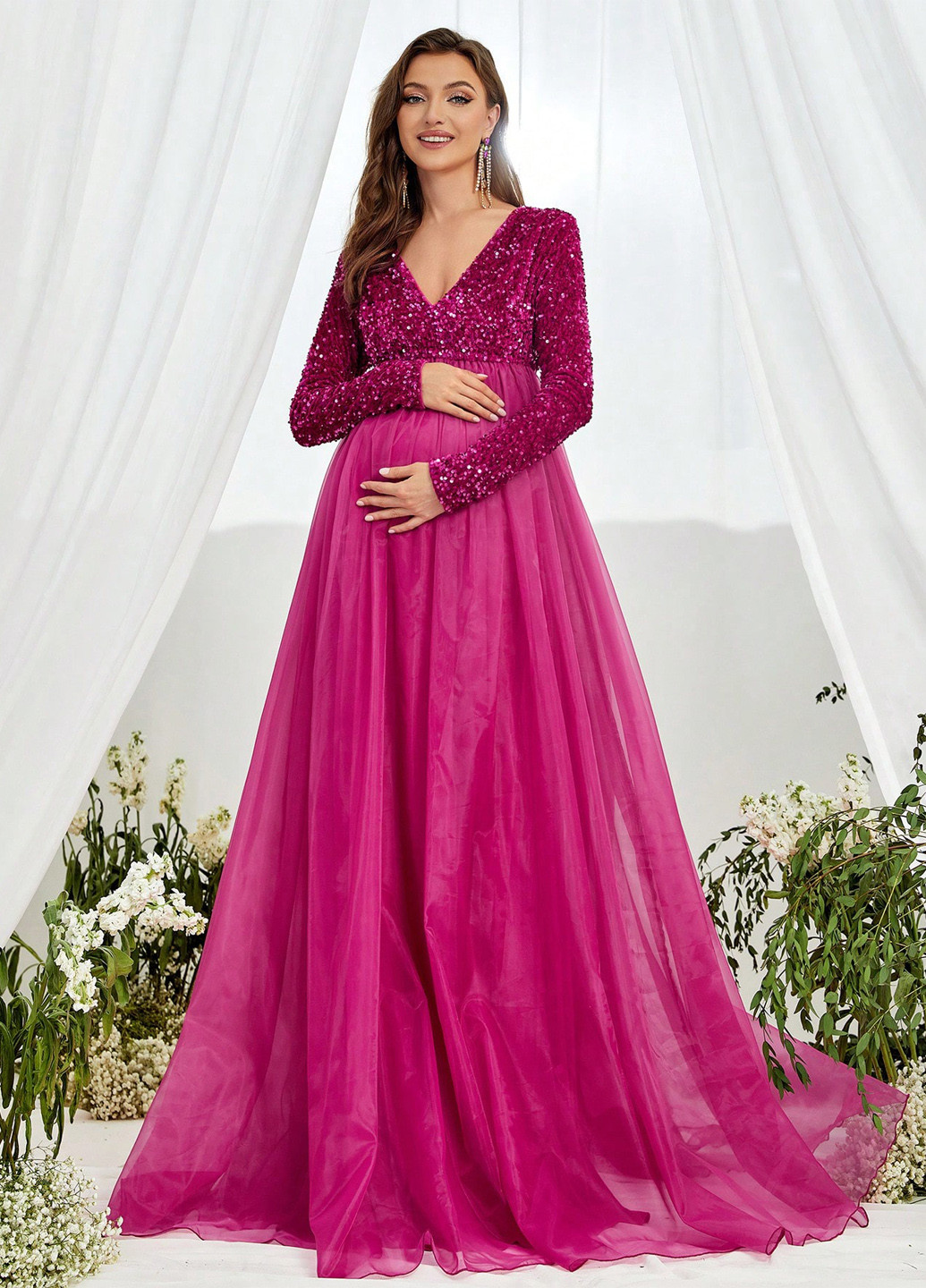 Фуксинова (кольору Фукія) святковий сукня для вагітних а-силует SHEIN однотонна