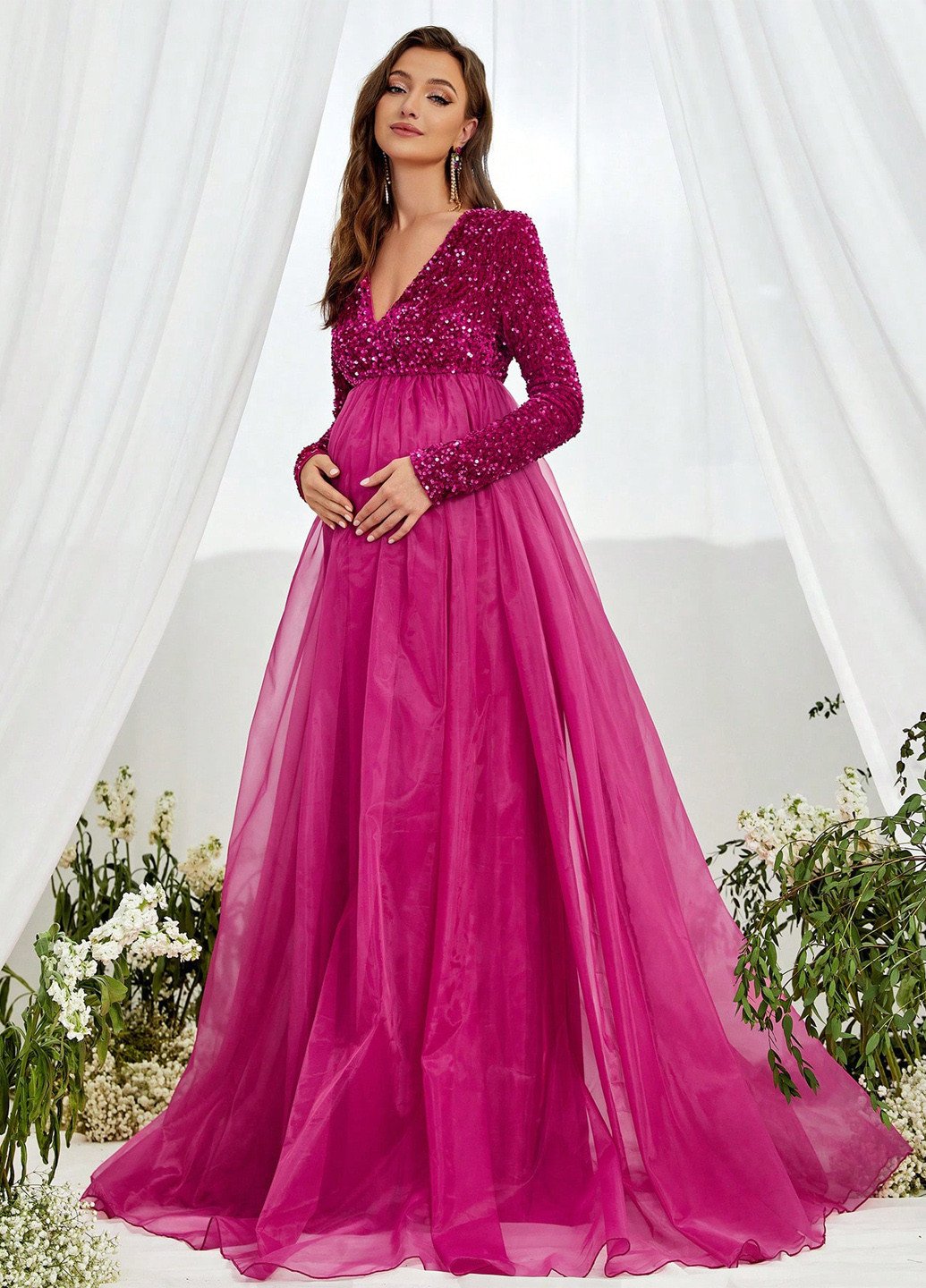 Фуксинова (кольору Фукія) святковий сукня для вагітних а-силует SHEIN однотонна