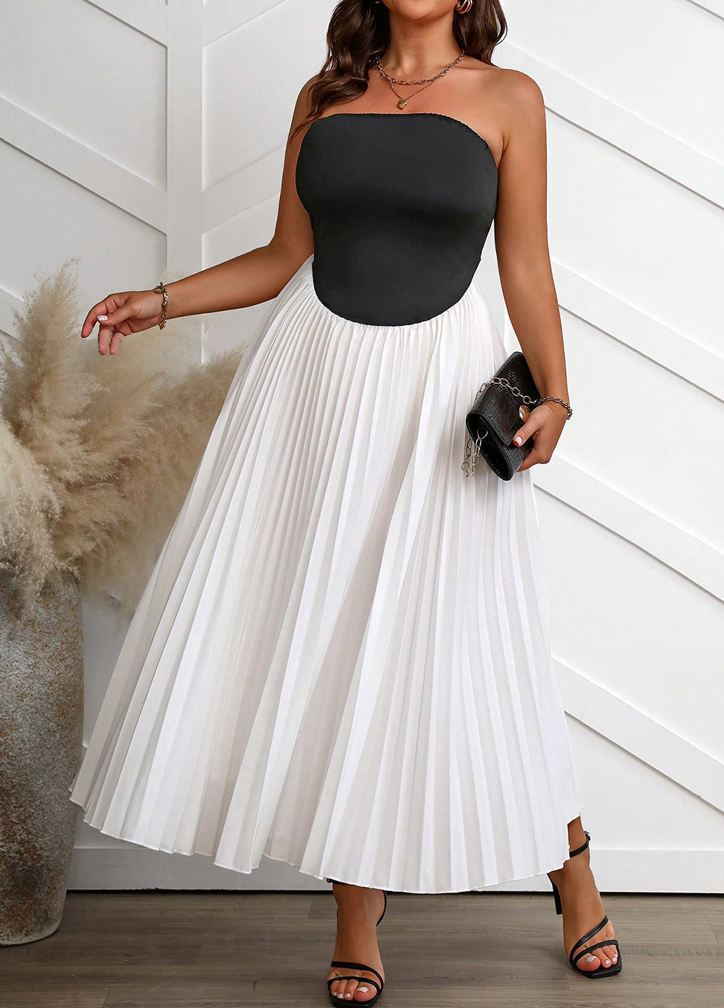 Чорно-білий кежуал сукня плісована SHEIN колор блок