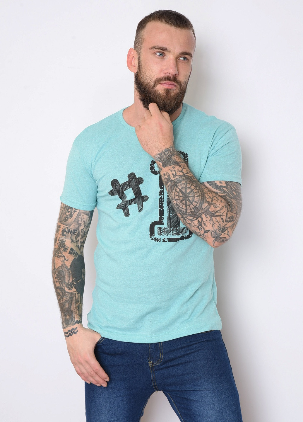 Бирюзовая футболка мужская бирюзового цвета с рисунком Let's Shop