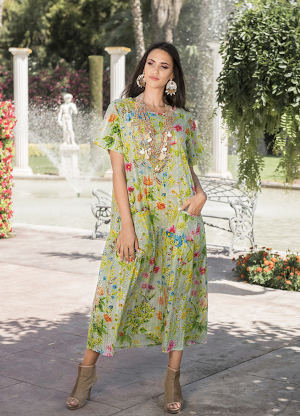 Зеленое кэжуал платье а-силуэт Fresh cotton с цветочным принтом