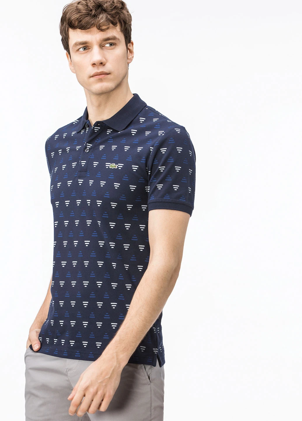 Темно-синяя футболка-поло для мужчин Lacoste с геометрическим узором