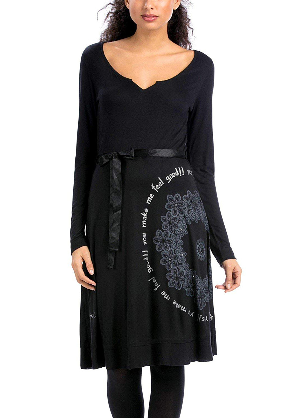 Черное кэжуал платье с длинным рукавом Desigual с цветочным принтом