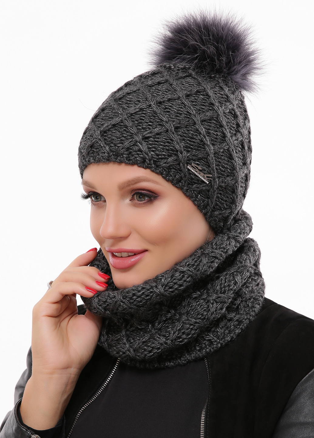Темно-сірий зимній комплект (шапка, шарф-снуд) Sofi