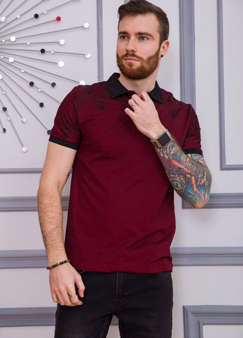 Бордовая футболка-поло для мужчин Ager с геометрическим узором
