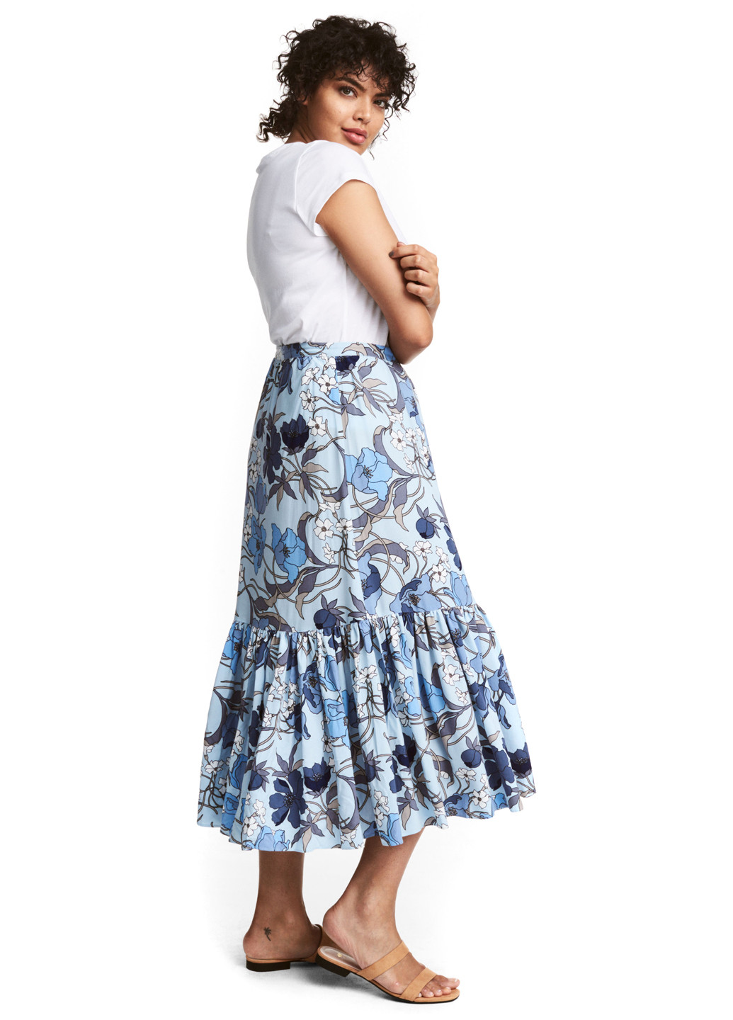 Голубая кэжуал цветочной расцветки юбка H&M клешированная