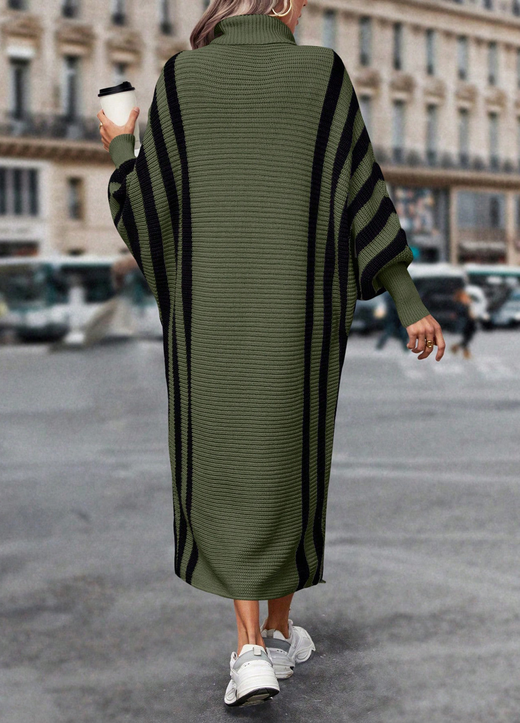 Оливковое (хаки) кэжуал платье платье-свитер, оверсайз SHEIN в полоску
