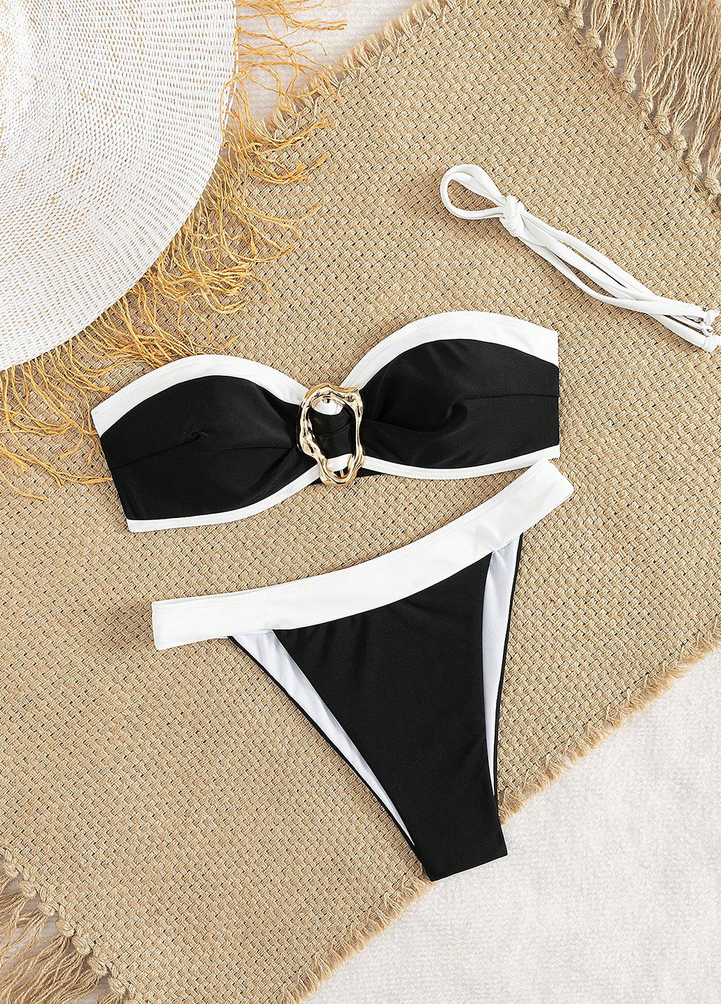 Черно-белый летний купальник (лиф, трусики) бандо, раздельный SHEIN