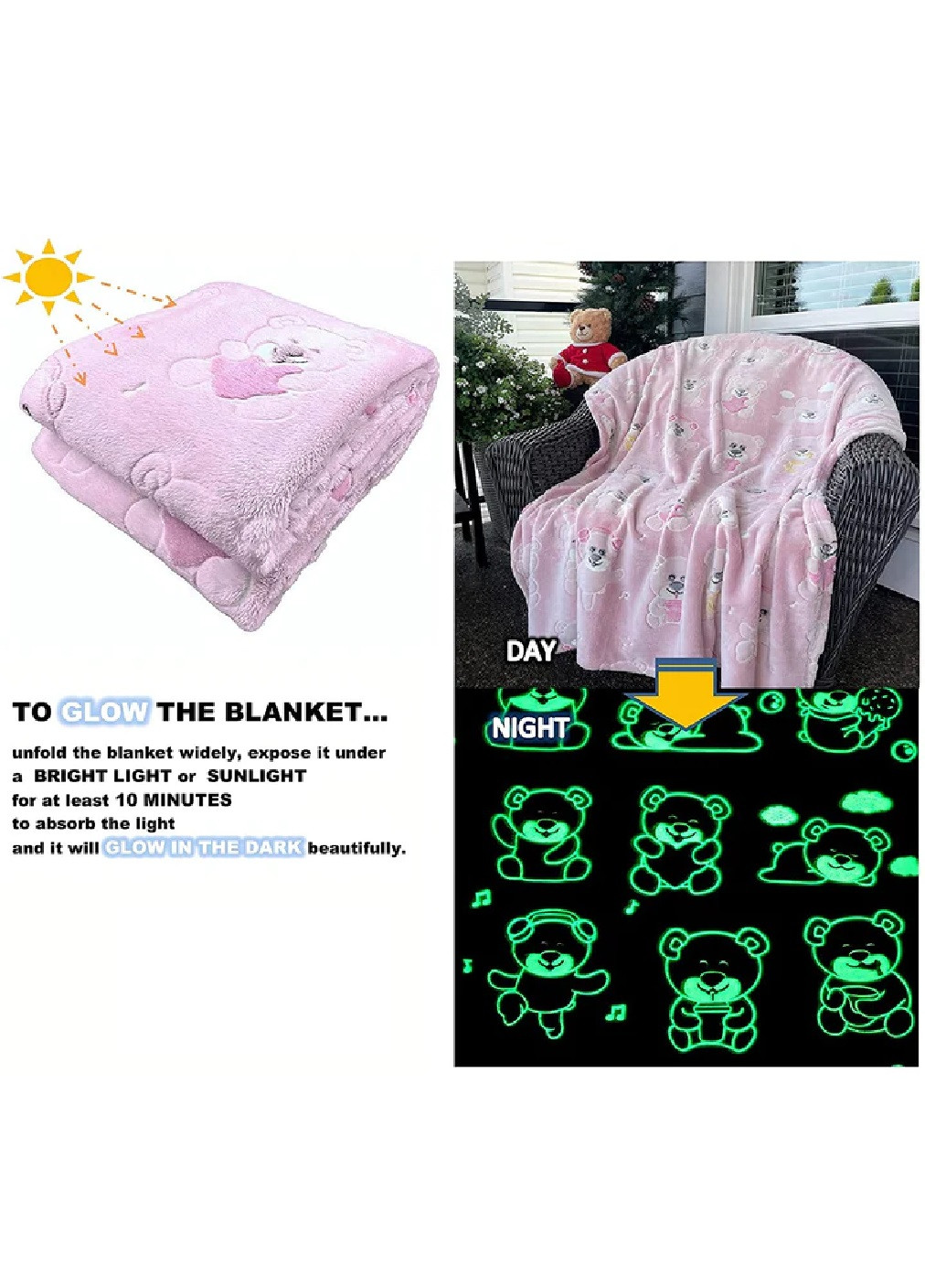 Детский плед светящийся в темноте покрывало одеяло микрофибра 100х135 см (473627-Prob) Розовый с мишками Unbranded (255708281)