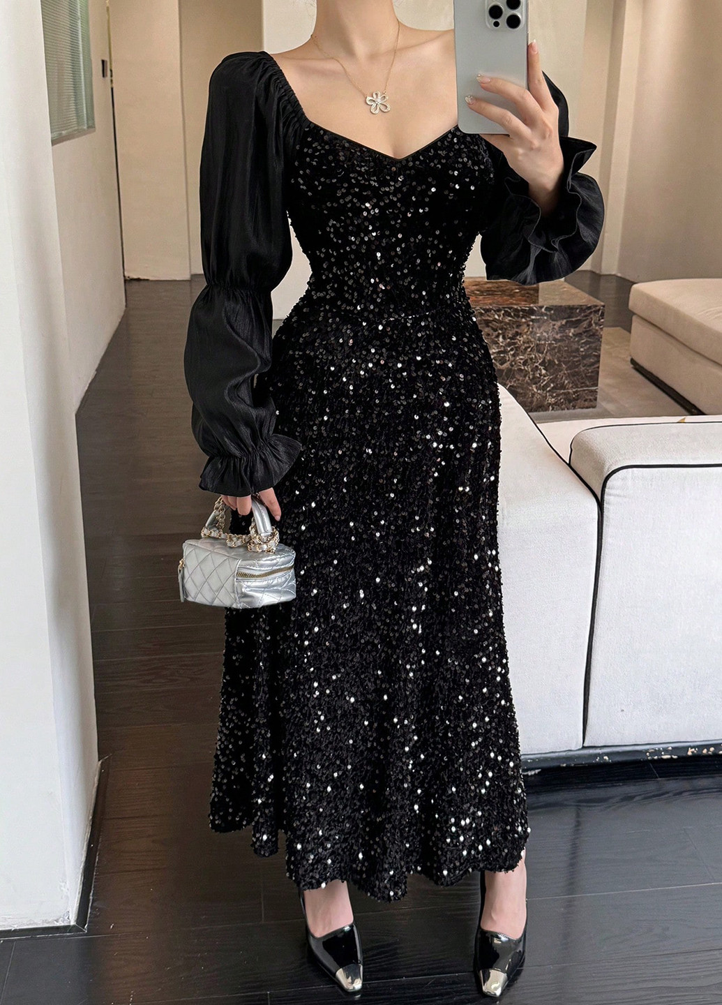 Чорна вечірня сукня кльош SHEIN однотонна