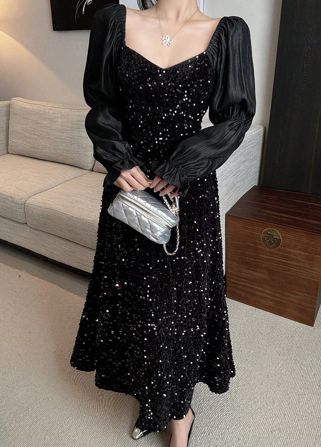 Чорна вечірня сукня кльош SHEIN однотонна