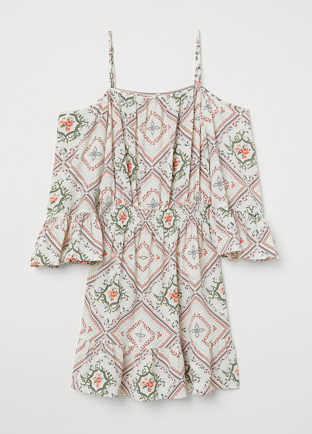 Білий кежуал сукня з відкритими плечима H&M з квітковим принтом